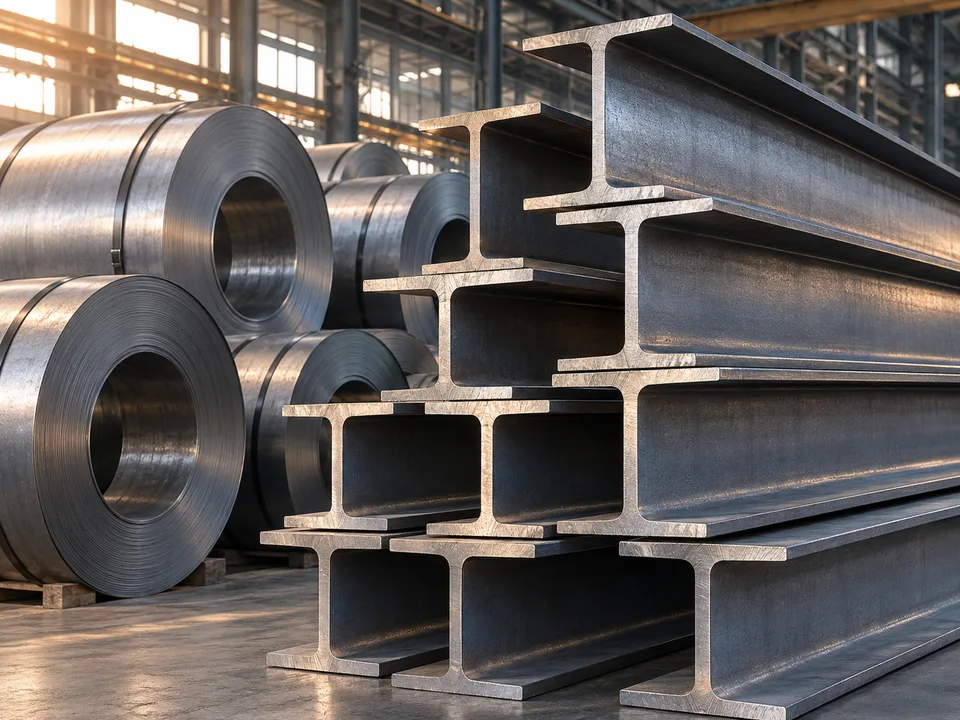 Illustrative steel beams and rolled steel coils